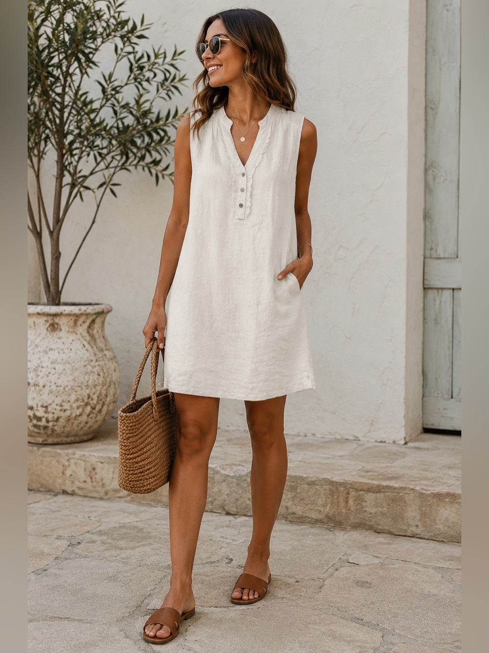 Alessia Pacini Women's S 100% Linen Shift Dress Oatmeal Cream Sleeveless Medium